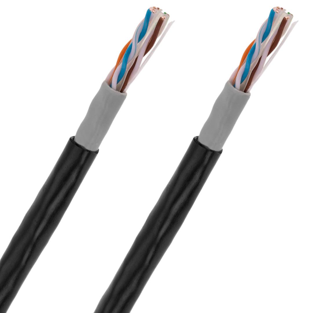 Sztywny, czarny bęben na kabel sieciowy Ethernet Cat. 6 UTP o długości 100 m do użytku na zewnątrz