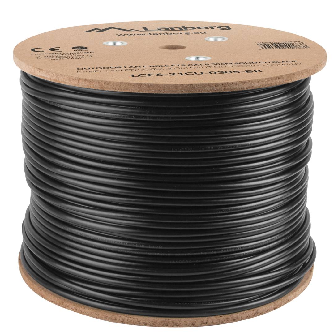 Fluke Testé LCF6-21CU-0305-BK Enrouleur de câble réseau Ethernet FTP Cat 6 extérieur rigide noir 305 m