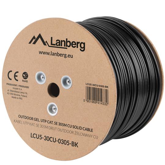 Fluke Testé LCU5-30CU-0305-BK Enrouleur de câble réseau Ethernet UTP Cat. 5e extérieur gris rigide, 305 m, 305 m