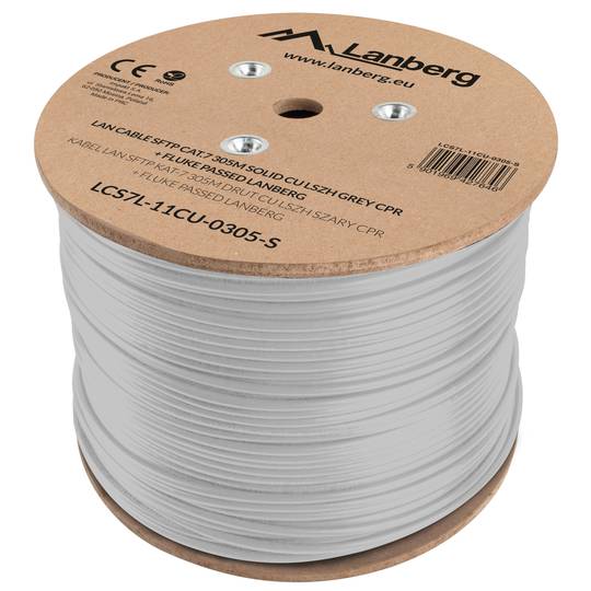 Lanberg SFTP Cat.7 rigide CU LSZH enrouleur de câble réseau CRP testé Fluke gris 305m