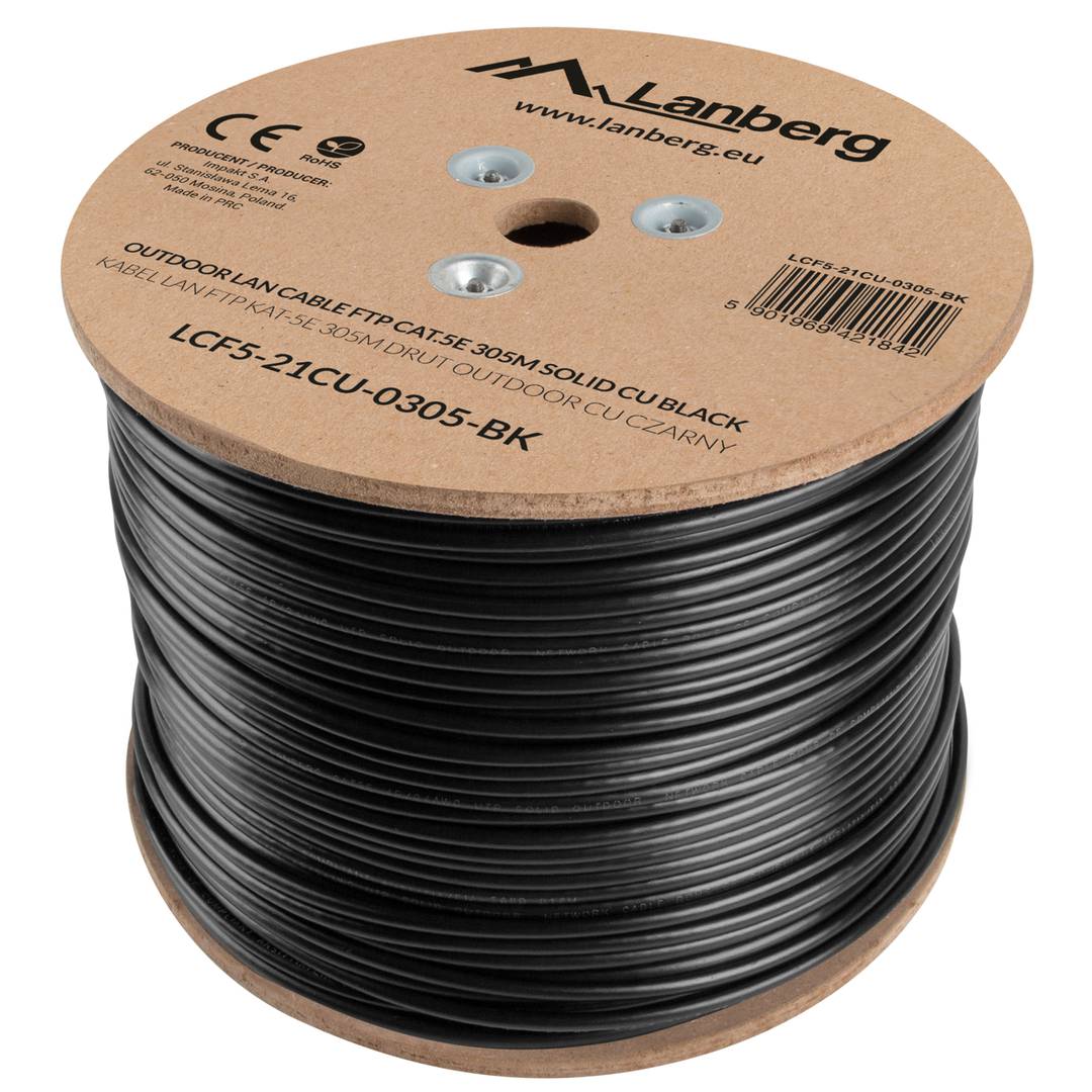 Carretel de cabo de rede Lanberg cat.5e FTP rígido Fluke testado preto 305m LCF5-21CU-0305-BK