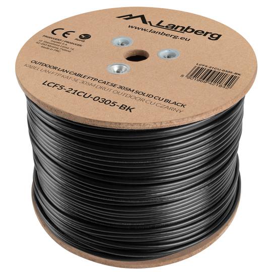 Carretel de cabo de rede Lanberg cat.5e FTP rígido Fluke testado preto 305m LCF5-21CU-0305-BK