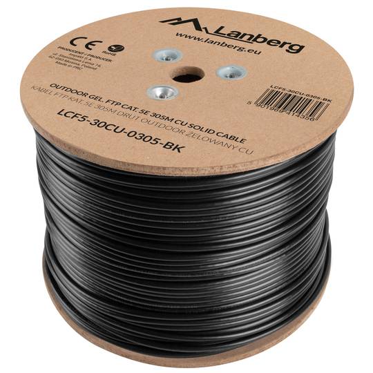 Carretel de cabo de rede Lanberg cat.5e FTP rígido Fluke testado preto 305m LCF5-30CU-0305-BK