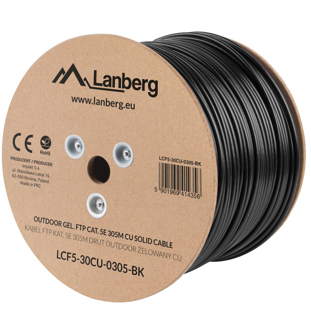 Carretel de cabo de rede Lanberg cat.5e FTP rígido Fluke testado preto 305m LCF5-30CU-0305-BK