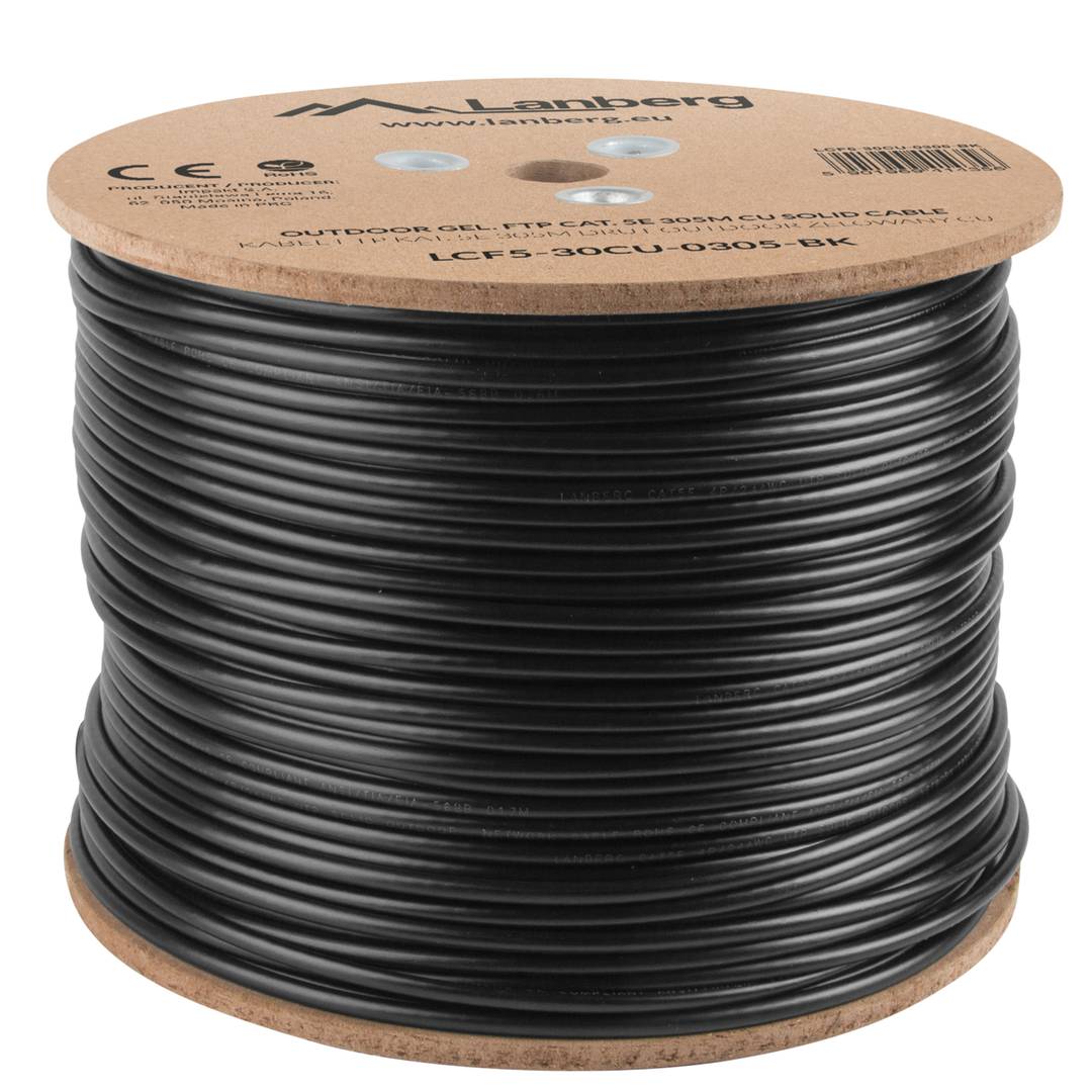 Carretel de cabo de rede Lanberg cat.5e FTP rígido Fluke testado preto 305m LCF5-30CU-0305-BK