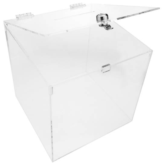 Urna de metacrilat transparent amb clau de seguretat 20x20x20cm