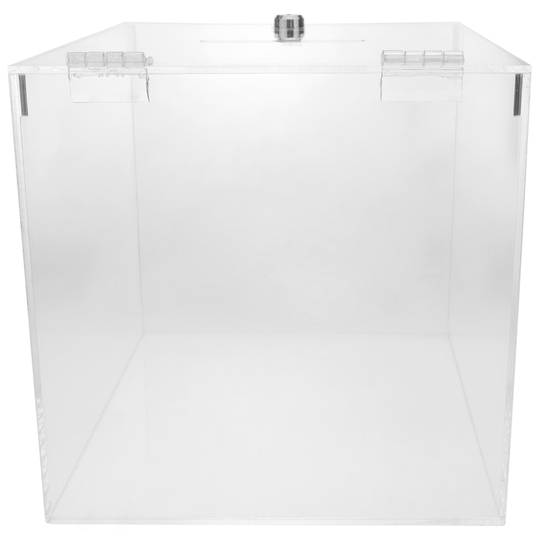Urna de metacrilat transparent amb clau de seguretat 20x20x20cm