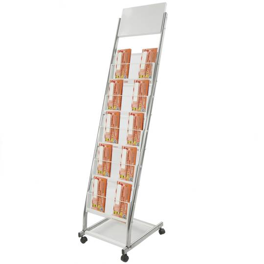 Espositore supporto con ruote e 5 scaffali per opuscoli e riviste