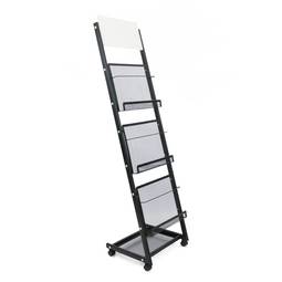 Displayhouder met wielen en 3 planken voor brochures en tijdschriften