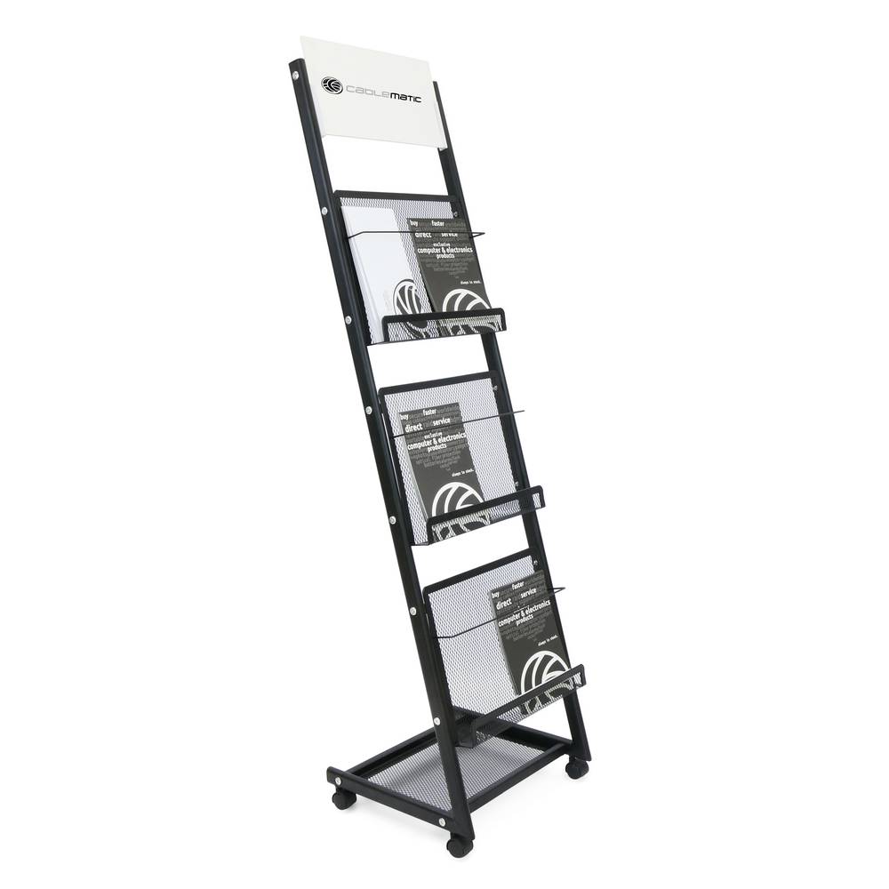 Magazines and brochures stand with wheels and 3 shelves