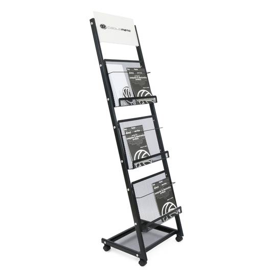 Magazines and brochures stand with wheels and 3 shelves