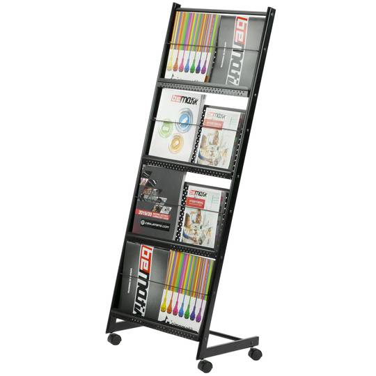 Expositor portafolletos 48 x 37 x 132 cm con 4 compartimentos para folletos y revistas