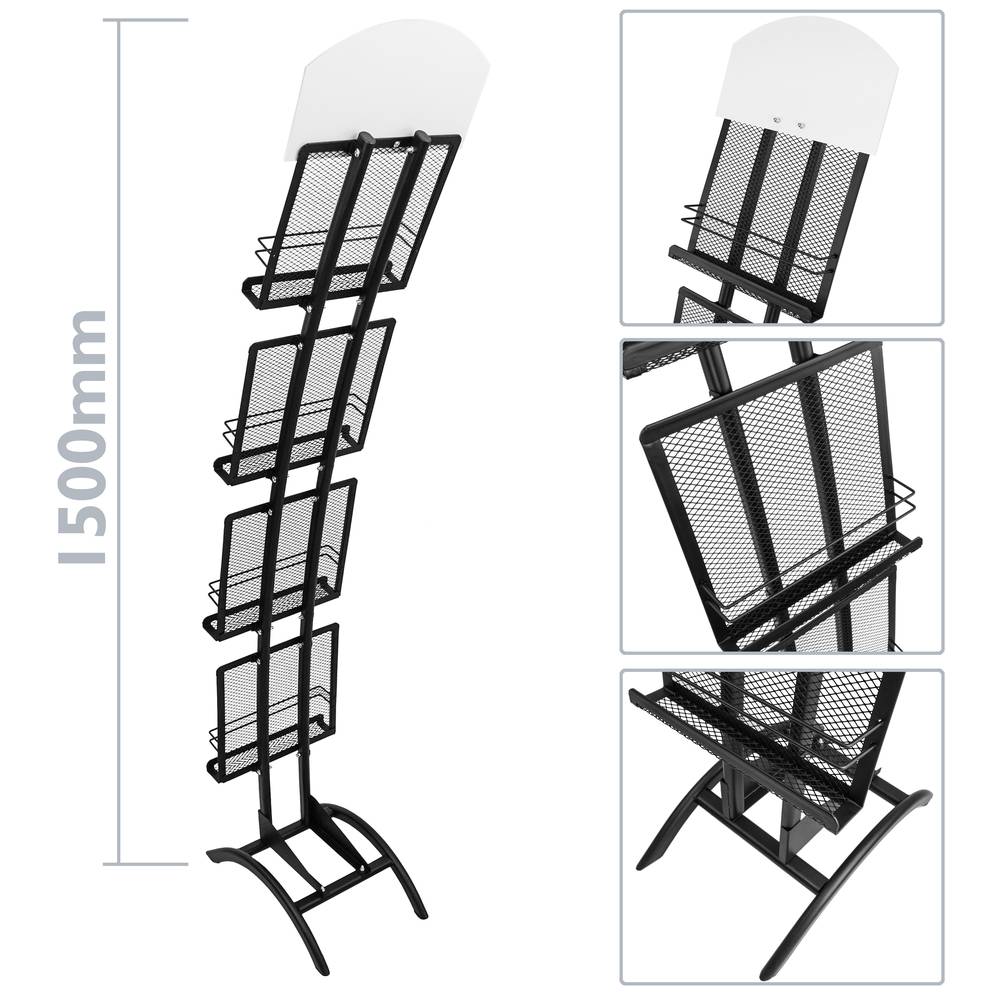 Magazine rack stand 233 x 370 x 1500 mm with 4 compartments for brochures and magazines