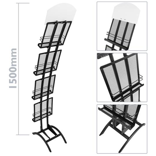 Expositor portafolletos 23 x 37 x 150 cm con 4 compartimentos para folletos y revistas