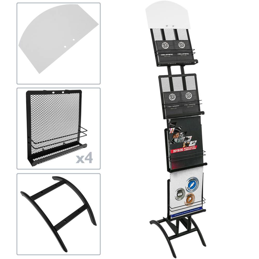 Magazine rack stand 233 x 370 x 1500 mm with 4 compartments for brochures and magazines