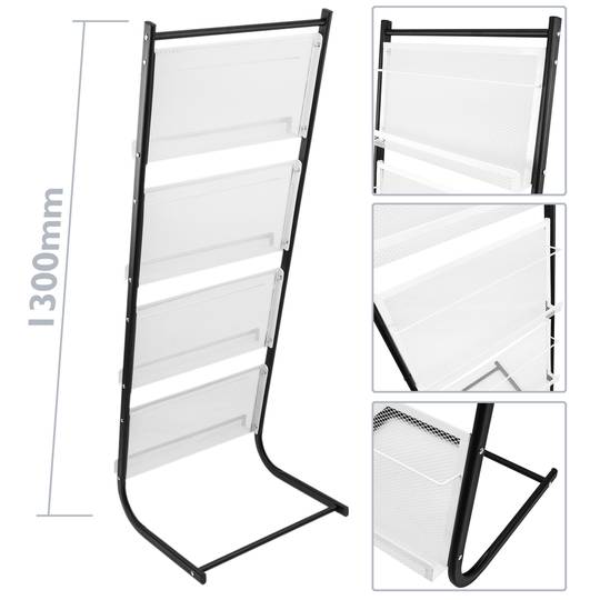 Expositor portafolletos 48 x 40 x 130 cm con 4 compartimentos para folletos y revistas