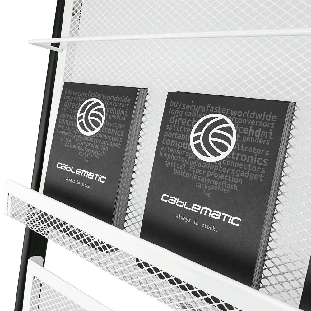 Espositore da terra 480 x 400 x 1300 mm con 4 scomparti per brochure e riviste