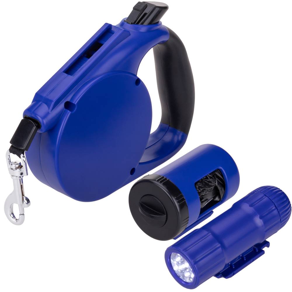 Coleira extensível azul com dispensador de bolsa para animais de estimação