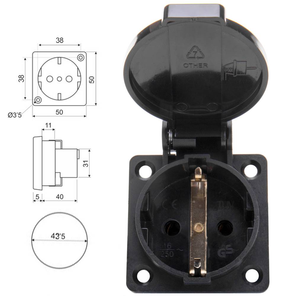 Presa industriale schuko con coperchio IP44 incasso a vite colore nero