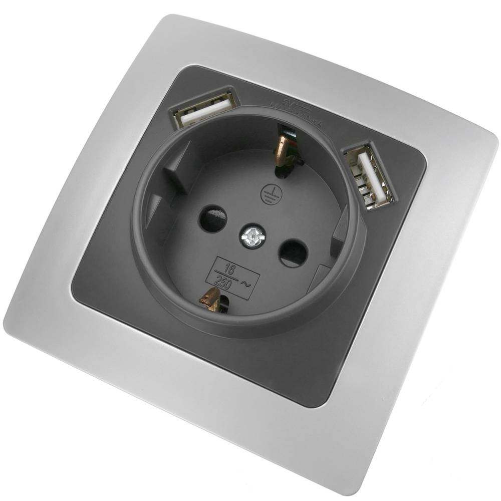 鍔 rijk Bruidegom Schuko stopcontact met USB 2 x A vrouwelijk 80x80mm Lille voor inbedding  zilver en grijs - Cablematic