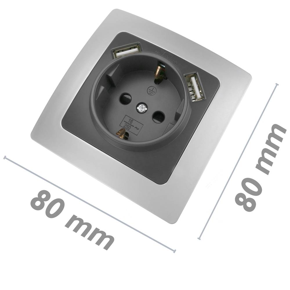Socket base for schuko with USB  2 x A female 80x80mm Lille for embedding silver and gray