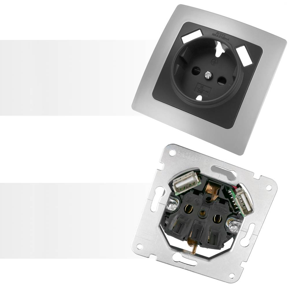 Socket base for schuko with USB  2 x A female 80x80mm Lille for embedding silver and gray