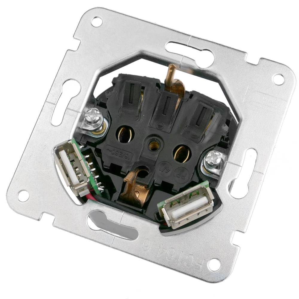 Socket base for schuko with USB  2 x A female 80x80mm Lille for embedding silver and gray