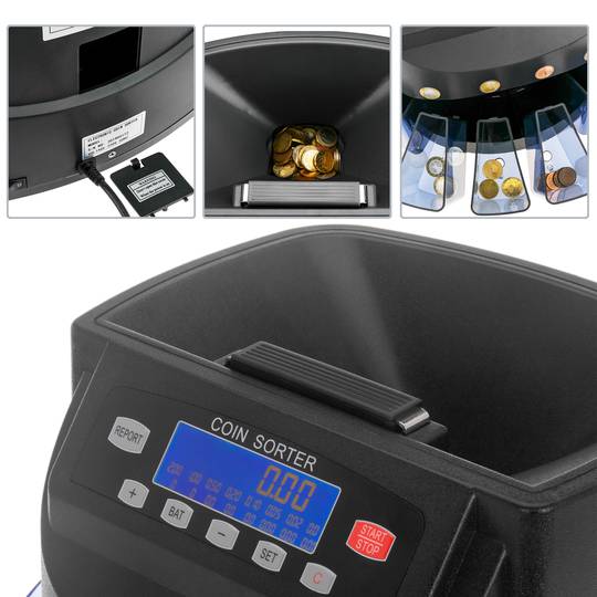 Compteuse de pièces noire pour Euro avec trieur automatique et affichage multi-devises