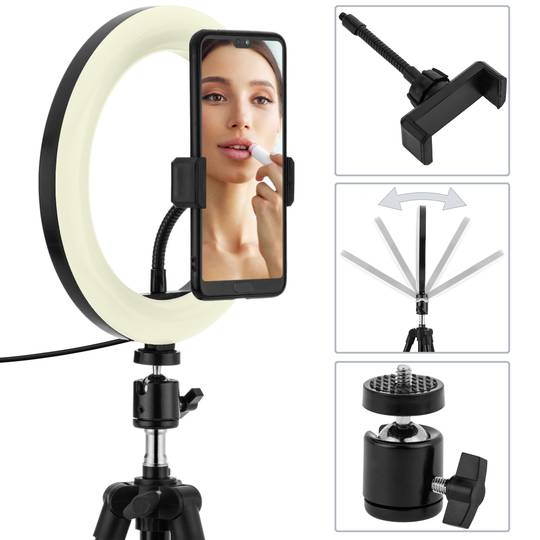 Anello LED circolare 20 cm 14,4 W 6500 K con supporto per cellulare
