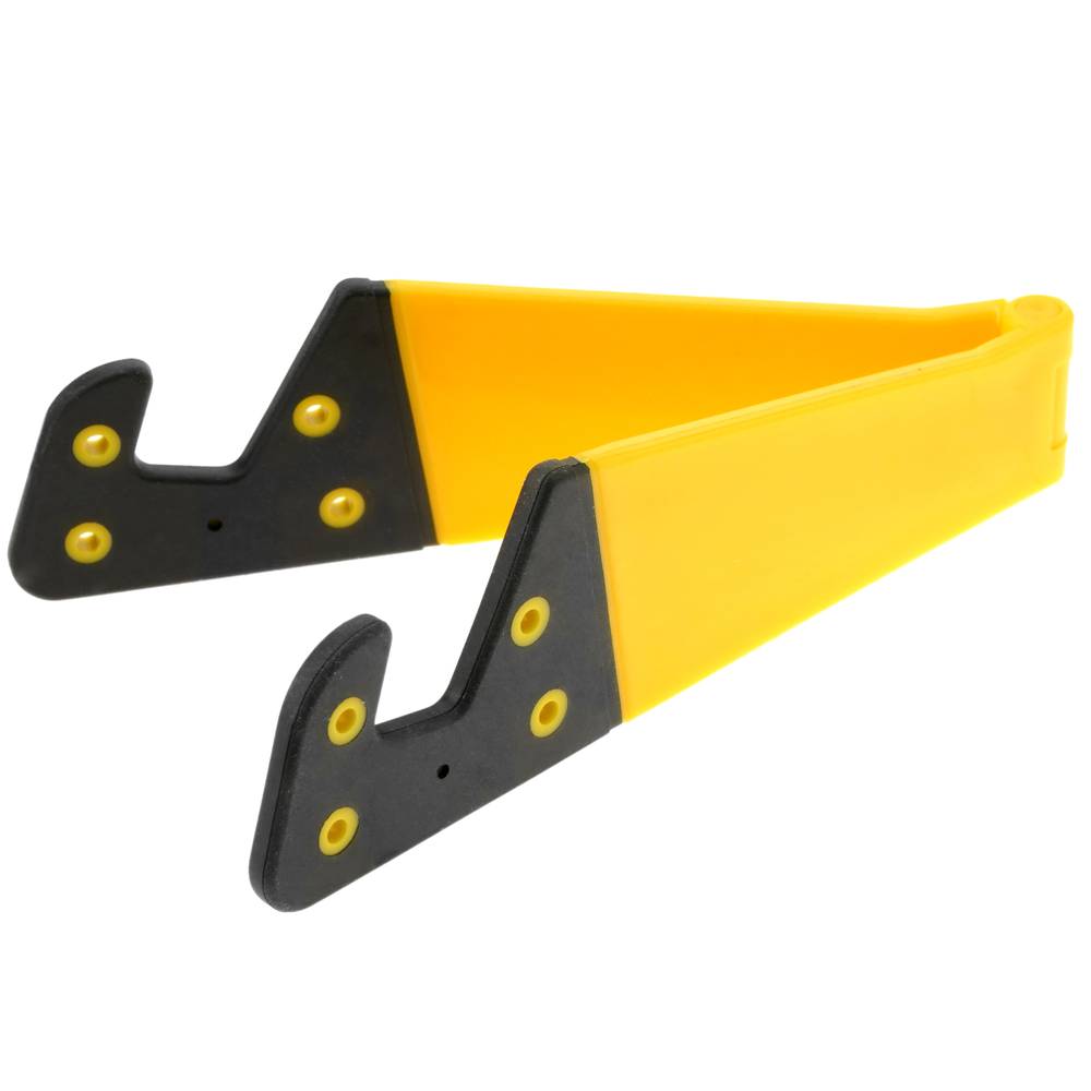 Suporte para celular e tablet. Base amarela dobrável e portátil