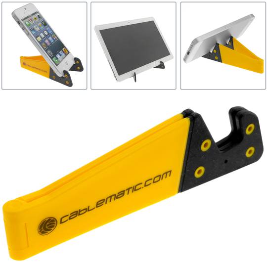 Suporte para celular e tablet. Base amarela dobrável e portátil