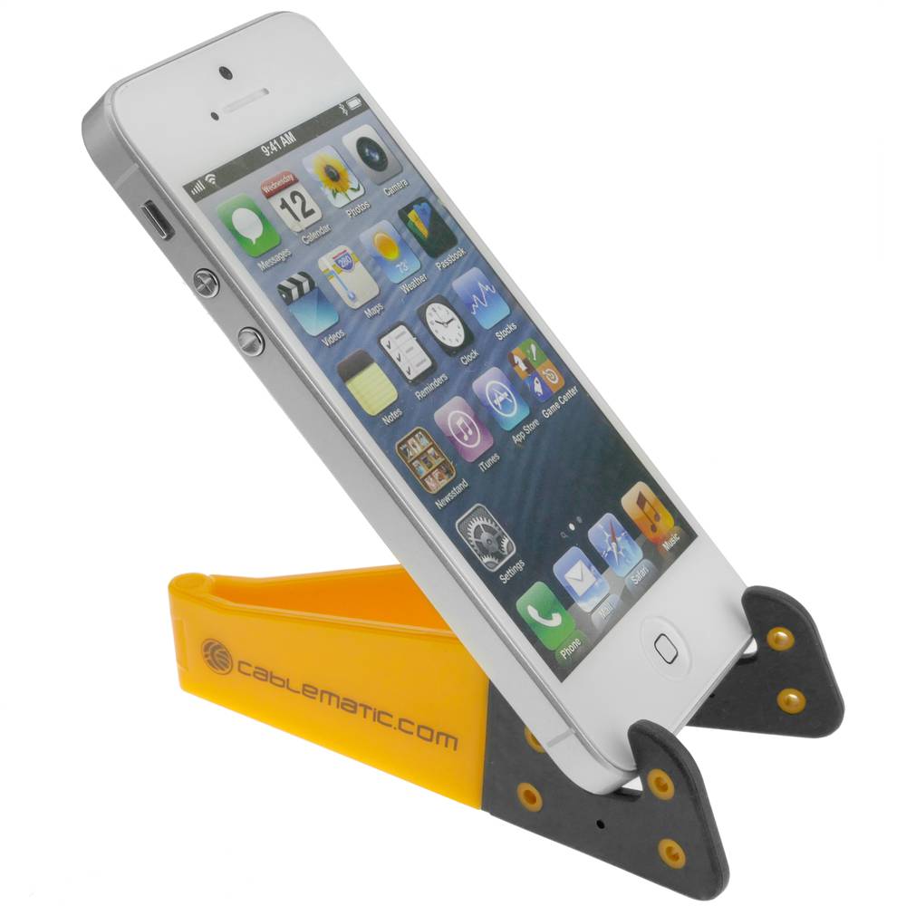 Suporte para celular e tablet. Base amarela dobrável e portátil