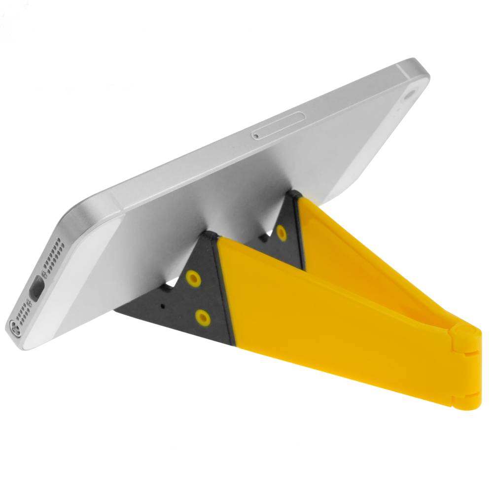 Suporte para celular e tablet. Base amarela dobrável e portátil