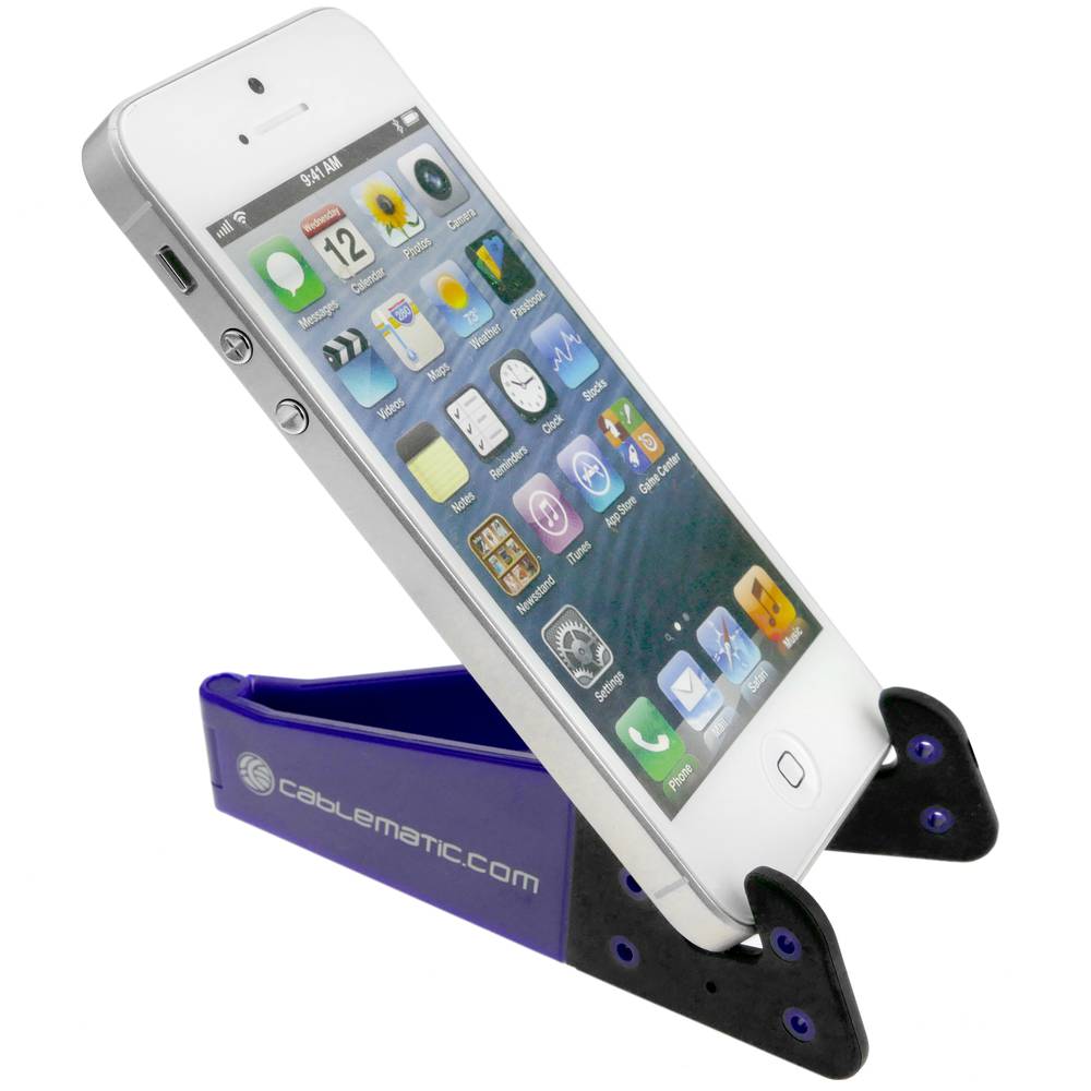 Support for mobile phone and tablet. Foldable and portable navy blue base