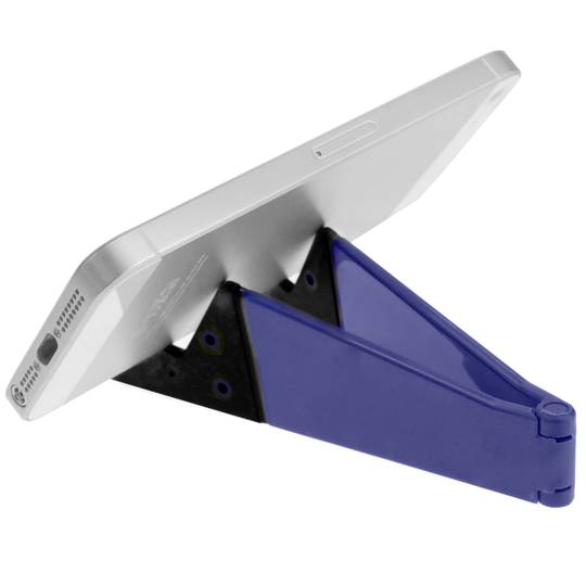Support for mobile phone and tablet. Foldable and portable navy blue base
