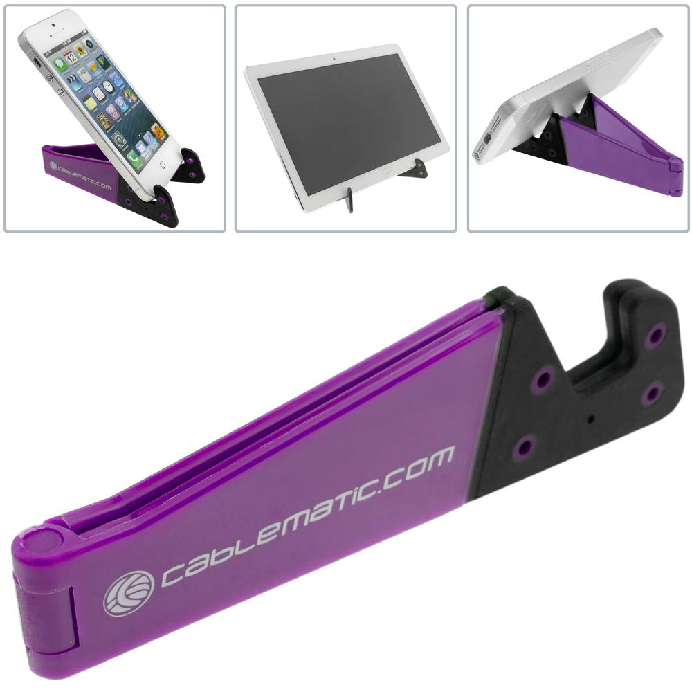 Ondersteuning voor mobiele telefoon en tablet. Opvouwbare en draagbare paarse basis