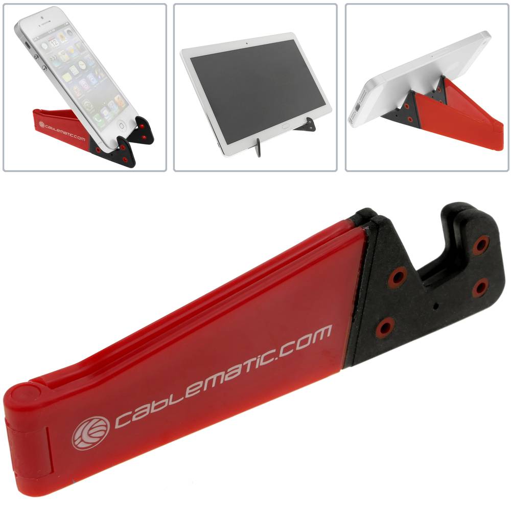 Suporte para celular e tablet. Base vermelha dobrável e portátil