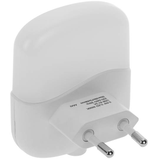 Piloto de luz LED nocturna rectangular de tipo enchufe con sensor crepuscular 230VAC y 2 x USB
