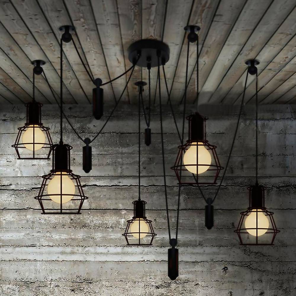 5 caged E27 Edison bulbs lamp with cable of 2m and counterbalances