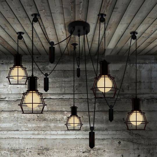 5 caged E27 Edison bulbs lamp with cable of 2m and counterbalances