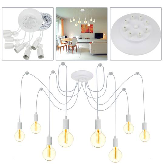 Lampa na 8 starych żarówek z gwintem E27 z białym kablem o długości 3 m