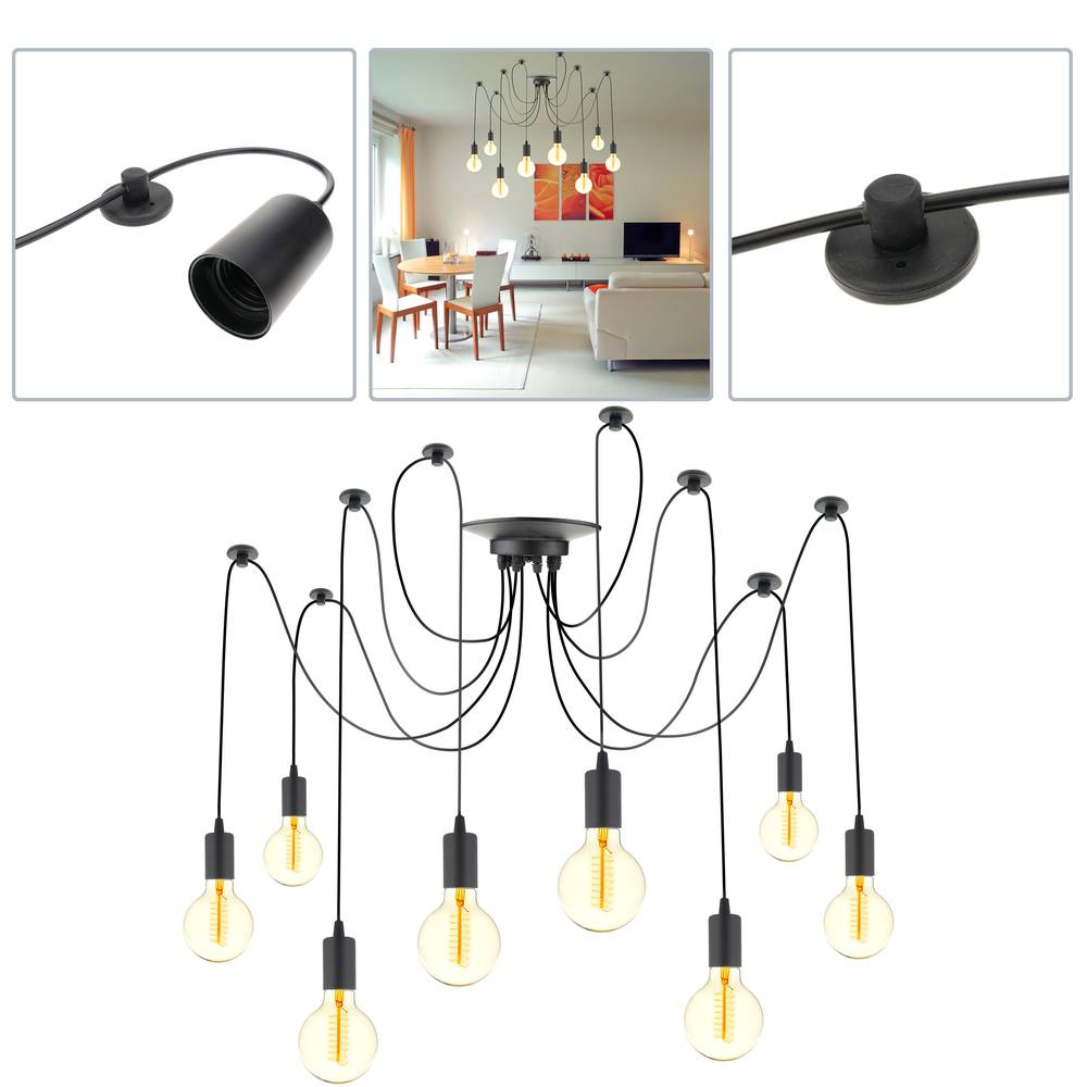 Lampe für 8 Glühbirnen von E27 Gewinde mit 3m Kabel schwarz - Cablematic