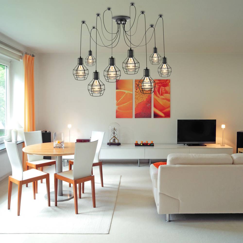 Lamp met ronde kooien voor 8 vintage E27-gloeilampen met 3 m kabel