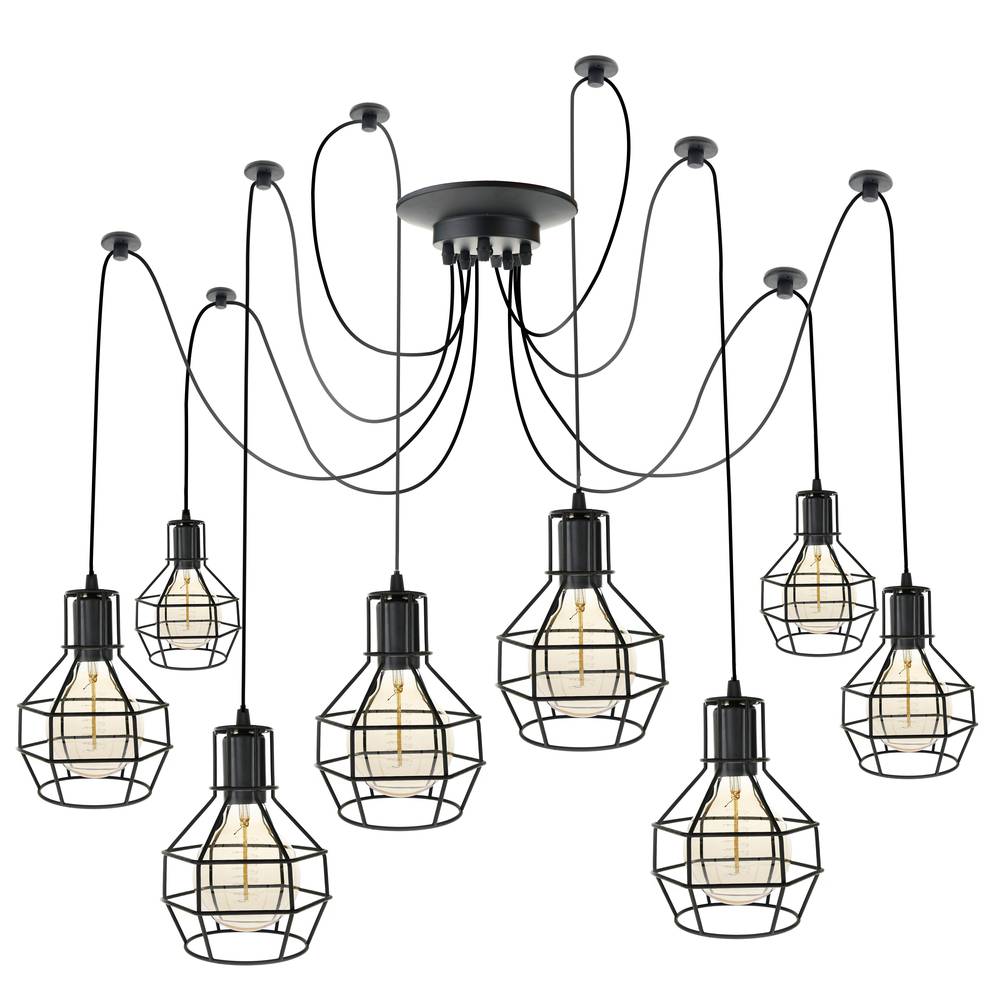 Lamp met ronde kooien voor 8 vintage E27-gloeilampen met 3 m kabel