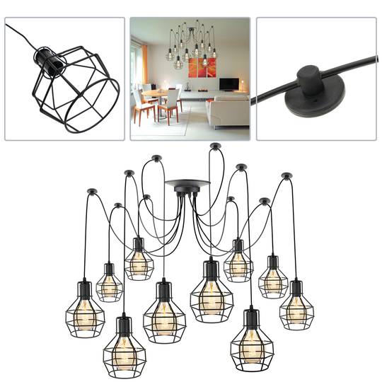 Lampe vintage avec 10 cages rondes pour ampoule de fil E27 avec câble de 3m