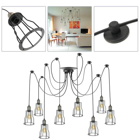 Lampada vintage con gabbie lunghe per 8 lampadine di filo E27 con cavo di 3m