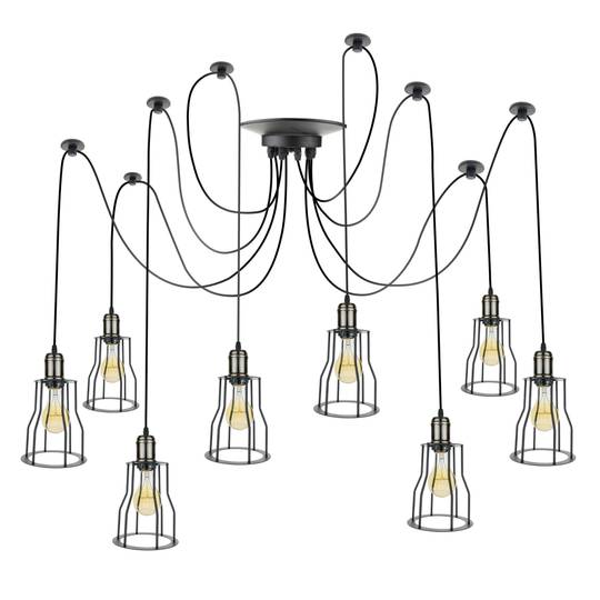 Lampada vintage con gabbie lunghe per 8 lampadine di filo E27 con cavo di 3m