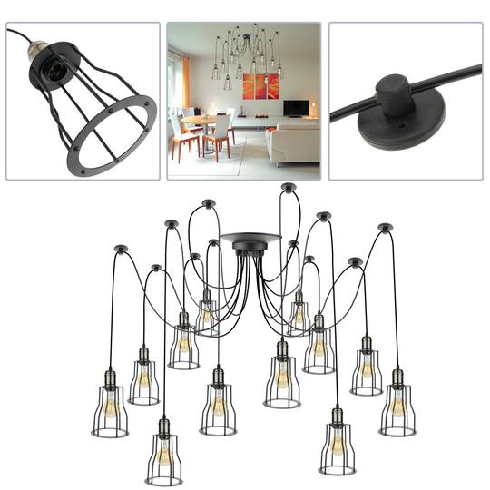 Lâmpada vintage com gaiolas longas para 12 lâmpadas com fio E27 com cabo de 3m