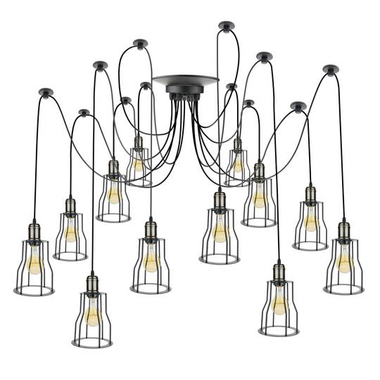 Lâmpada vintage com gaiolas longas para 12 lâmpadas com fio E27 com cabo de 3m