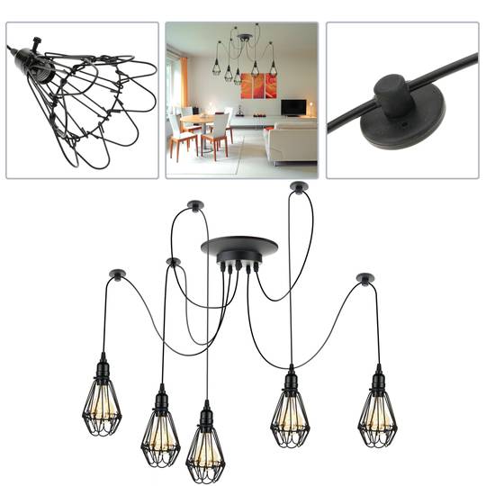 Lamp met ovale kooien voor 5 vintage E27-gloeilampen met 3 m kabel
